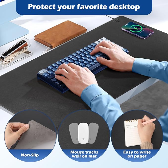 Wireless Charging Desk Mat, Mouse Pad,Black-R, 32 * 16inch | Desk Pad for Desktop Charging, Large Mouse Pad, Waterproof Leather Computer Mat, Non-Slip Protector, For Keyboard and Mouse