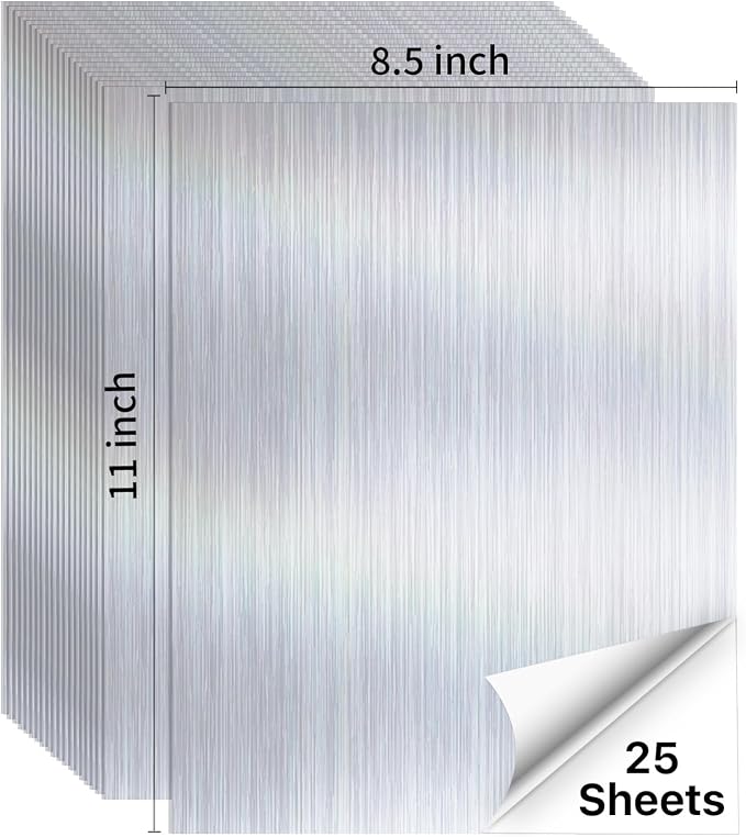 STARLIBOO 25 Sheets Holographic Sticker Paper, Brushed Silver Printable Vinyl for Inkjet & Laser Printer, Brushed Metallic Silver Texture, Dries Quickly (8.5" x 11")