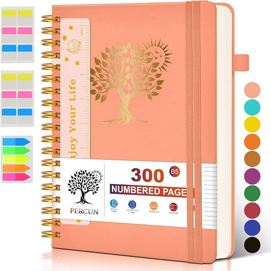 PERCUN B5 Spiral Notebook 300 Numbered Lined Pages Hardcover Journal 7"x10" | College Ruled Spiral Bound Notebook with Tabs, Large Leather Journal for Women Men, Work, School, Travel,Writing,Note Taking