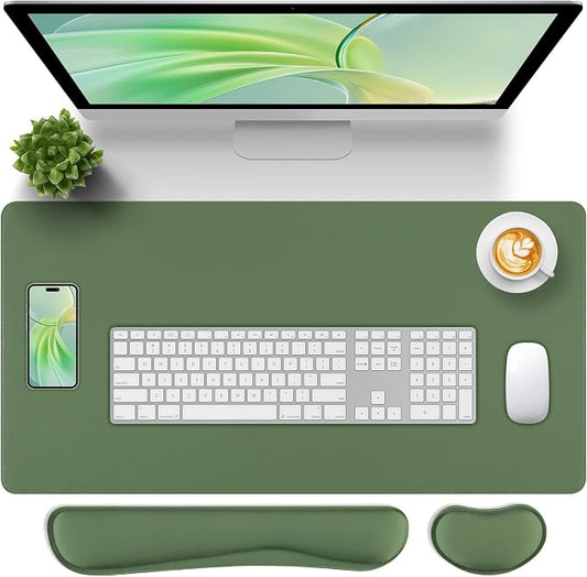Green Leather Desk Pad and Keyboard Wrist Rest, 3in1 Mouse Pad + Keyboard Wrist Rest + Mouse Wrist Rest, Non-Slip Waterproof Desk Writing Pad for Office and Home (27.6"×13.8")