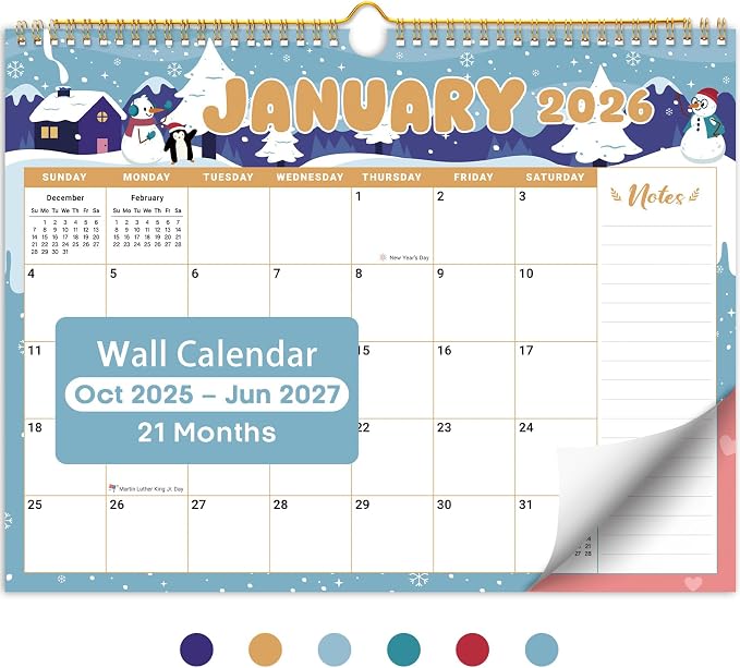 Calendar 2026-2027, 21-Month Wall Calendar Runs Until Jun 2027, 11.5" x 14.7",Large Monthly Calendar with Twin-Wire Binding, Perfect for Home or Office -Watercolor Festival