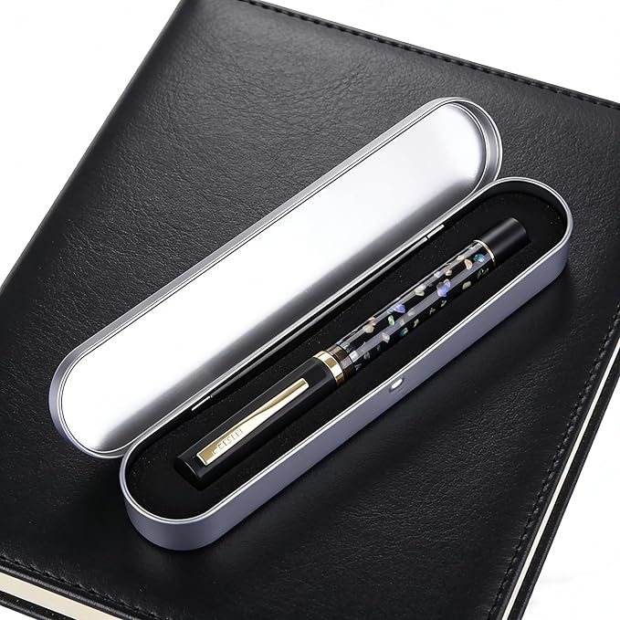 Jinhao 58 Fountain Pen - Natural Sea Shell Inlay Fine Nib Writing Pen with 3.4mm Ink Converter & Silver Metal Gift Box,Matte Black