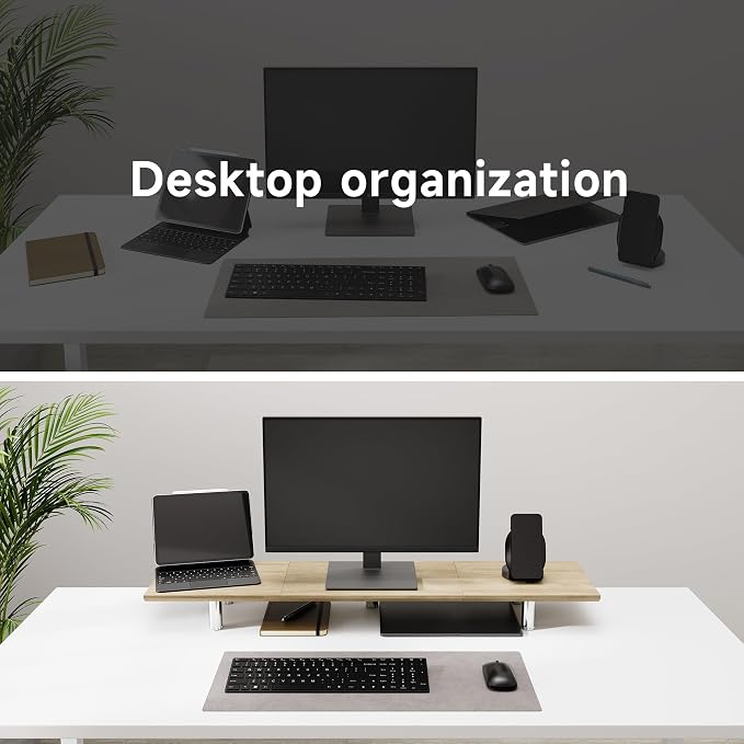 Fenge 39.4” Dual Monitor Stand with Height Adjustable Legs, Oak | Wooden & Steel, Ergonomic Height 3.6" to 4.4", Underneath Storage, Holds up to 99lbs, Laptop Monitor Stand for Home Office