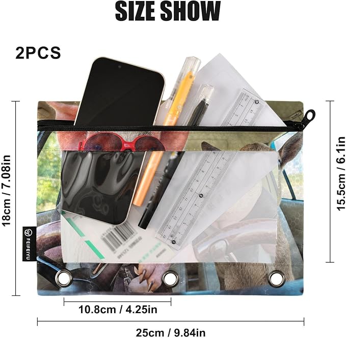 Gredecor Binder Pencil Pouch 3 Ring Pig Goat Driving Car Zipper Pencil Pouches Case 2 Pack Clear Binder Organizer for School Office