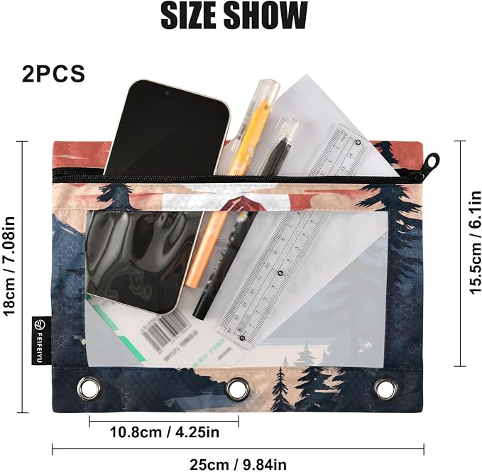 A Mountain Pencil Pouch Fits standard 3-ring binders, Zipper Binder Pencil Bag with Clear Window for Office 2 Pack