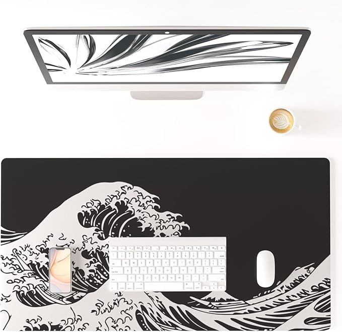 Colorful Star Japanese Sea Waves PU Leather Desk Pad, 31.5" x 15.7" | Waterproof Desk Mat Large Keyboard and Gaming Mouse Pads for Office, Non-Slip Writing Pad Desk Accessories for Women Men