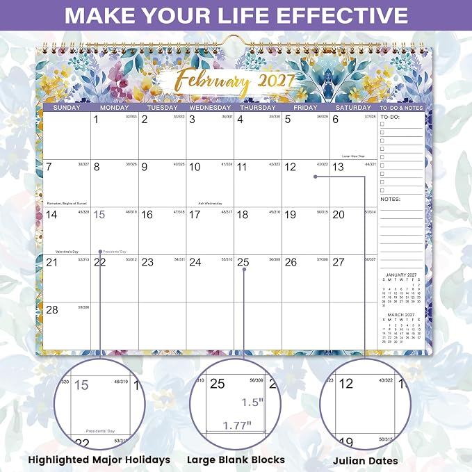 Calendar 2026-2027, 15" x 11.5", Jul 2026 - Dec 2027 with To-do List | 2026-2027 Wall Calendar, 2027 Calendar , 18 Months Wall Calendar Large with Hook, Notes, Perfect for Organizing