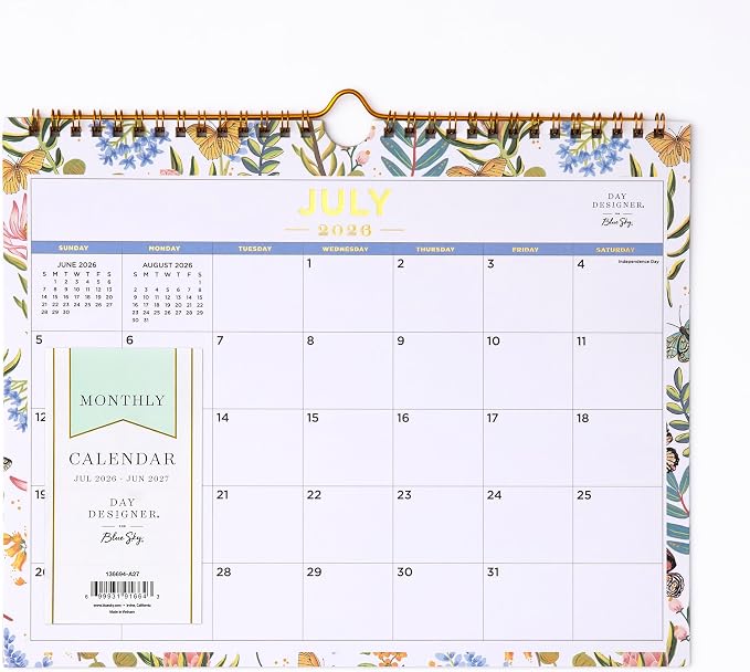 Blue Sky 2026-2027 Monthly Academic Wall Calendar, 11"x8.75", Flutter | July 2026 - June 2027, Durable Twin Wire Binding, For Office And Classroom, Academic Year, Day Designer