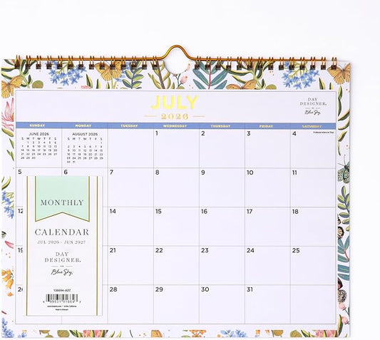 Blue Sky 2026-2027 Monthly Academic Wall Calendar, 11"x8.75", Flutter | July 2026 - June 2027, Durable Twin Wire Binding, For Office And Classroom, Academic Year, Day Designer