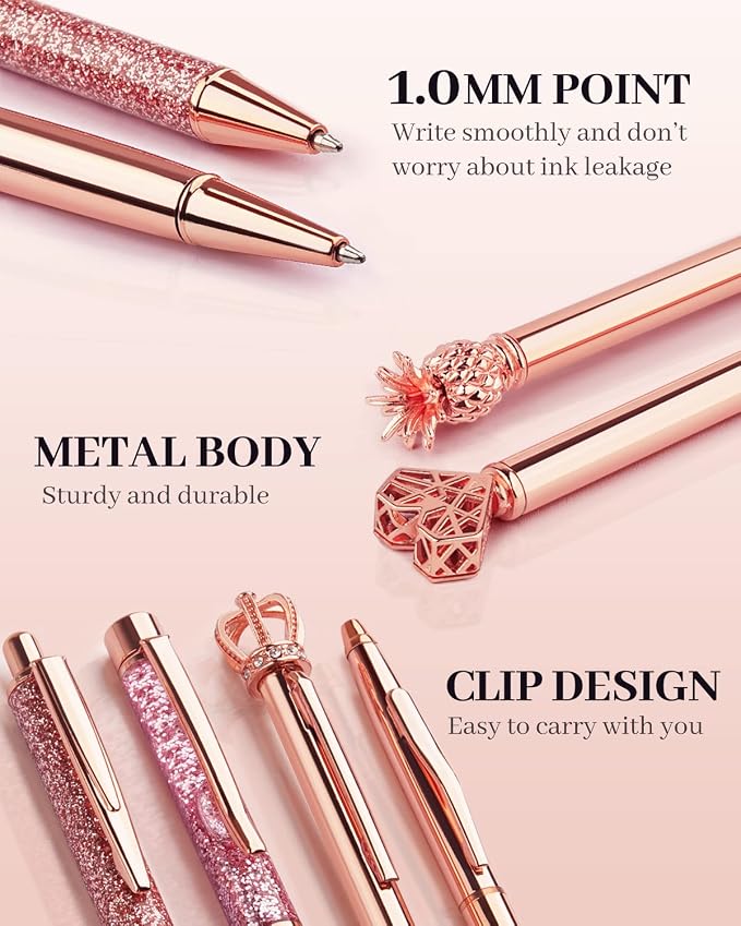 WEMATE 8Pcs Rose Gold Pens Crystal Diamond Pens with Black & Blue Ink | Fancy Pens for Journaling, Office & Gift Supplies for Women Girls, Birthday and Back to School