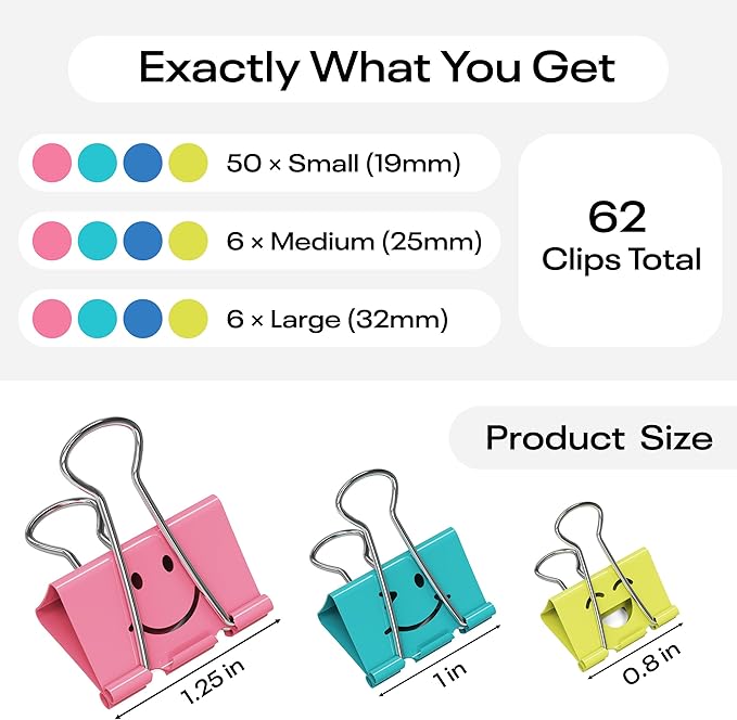 Optomni Binder Clips, 62 Pack, Assorted Sizes – Small, Medium & Large, Colorful Metal Paper Clips for Office, School, Documents, Files & Organizing