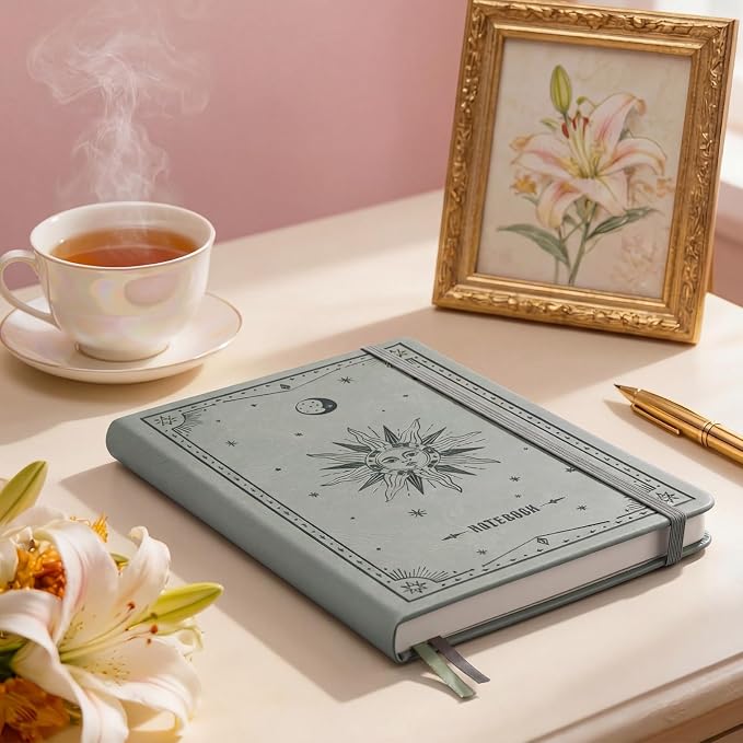 EMSHOI Dotted Journal Notebook, 192 Pages, A5 Size (5.7'' x 8.3'') | Leather Hardcover, 100 GSM Thick Paper, for Journaling, Planning, Tracking & Sketching, Sun Debossed (Light Green)