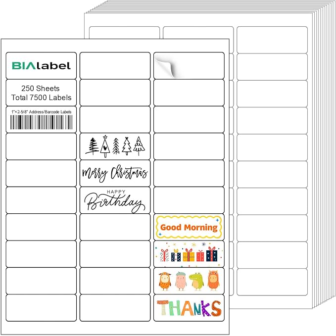 1 x 2-5/8 Inch Address Labels, 250 Sheets, 7,500 Labels | 30 Labels Per Sheet for Laser & Inkjet Printers, Smooth White Surface, Permanent Adhesive, Clear Printing