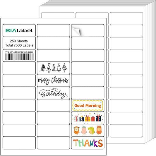 1 x 2-5/8 Inch Address Labels, 250 Sheets, 7,500 Labels | 30 Labels Per Sheet for Laser & Inkjet Printers, Smooth White Surface, Permanent Adhesive, Clear Printing