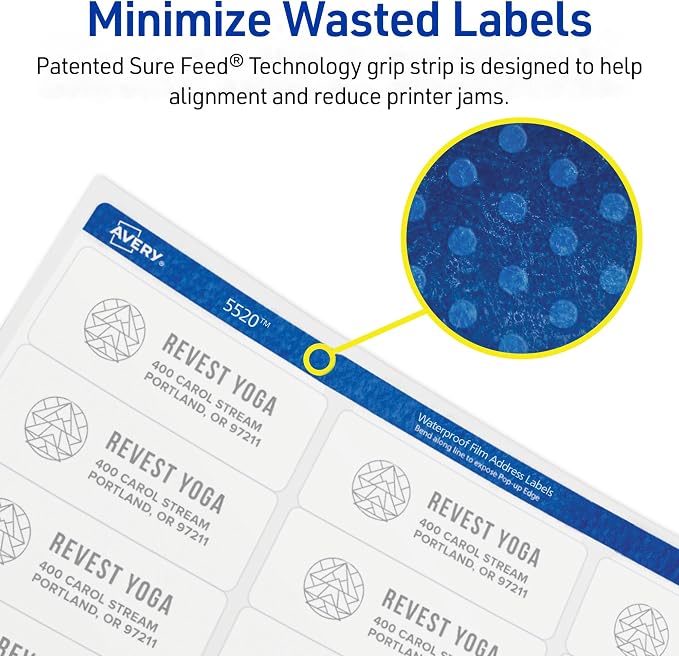 Avery Durable Waterproof Address Labels with Sure Feed Technology, 1" x 2-5/8", White, Laser & Pigment-Inkjet Compatible, 1,500 Blank Labels Total, Great for Mailing, Branding, and More (5520)