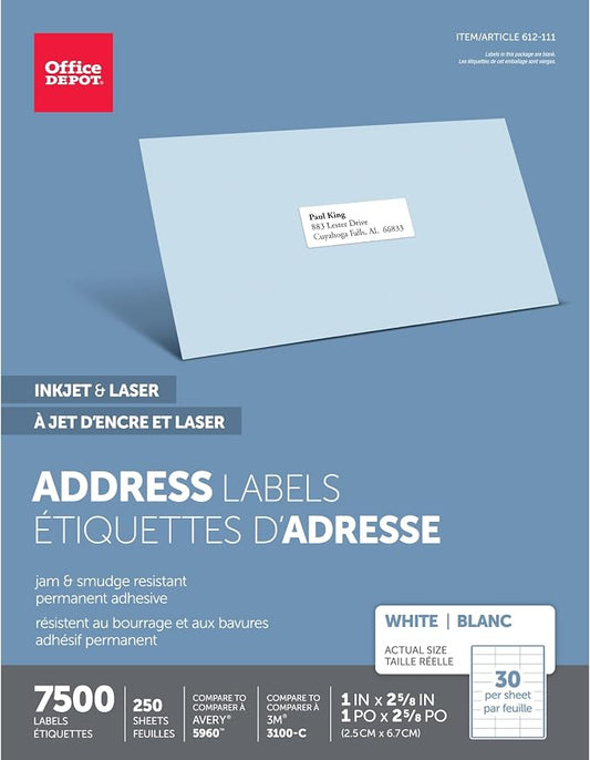 Office Depot White Inkjet/Laser Address Labels, 1in. x 2 5/8in., Box of 7,500, 505-O004-0005