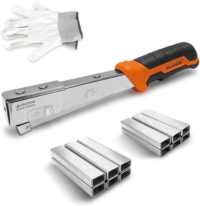 Heavy Duty Hammer Tacker Stapler Kit, All-Steel with Jam-Resistant Mechanism, 1200 T50 Staples (1/4 in & 5/16 in) and Work Gloves for House Wrap, Insulation & DIY 1050301