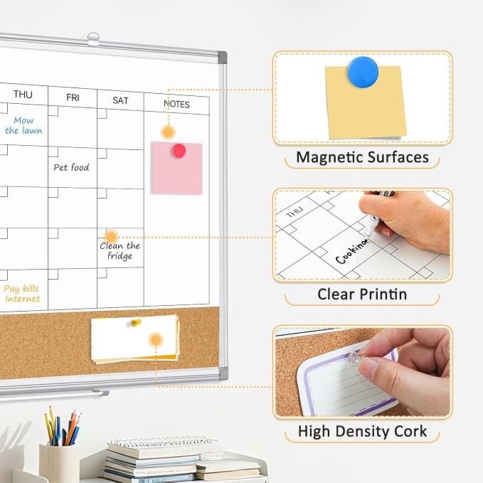 Monthly Dry Erase Calendar Whiteboard with Corkboard, 36" x 24", Silver | Magnetic, White Board Cork Board Combo, Double Sided, Wall Mounted, Aluminum Frame, for Home, Office, Kitchen, Dorm