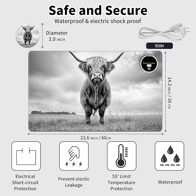 Heated Desk Pad Mouse Pad,Heated Desk Mat,with 3 Heating Levels & 3 Hours Auto Shut-Off,Leather 23.6"*14.2" Gaming Mouse Laptop Mat,Foot Warmer,Cute Highland Cow Black