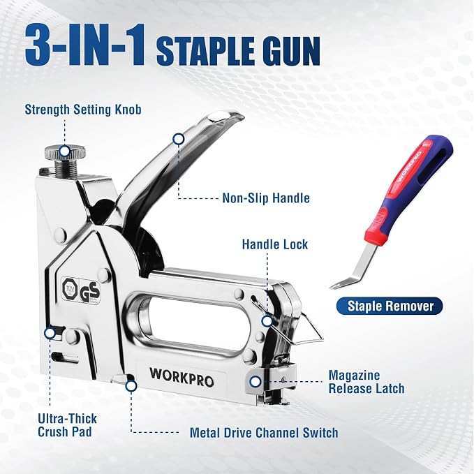 WORKPRO Upholstery Staple Gun, 3-in-1 Heavy Duty Staple Gun with Power Adjustment, 3000 pcs Staples and Stapler Remover, Manual Brad Nailer for Wood, Upholstery, Carpentry, Decoration DIY, Furniture | 3-in-1 Upholstery Staple Gun with Power Adjustment,...