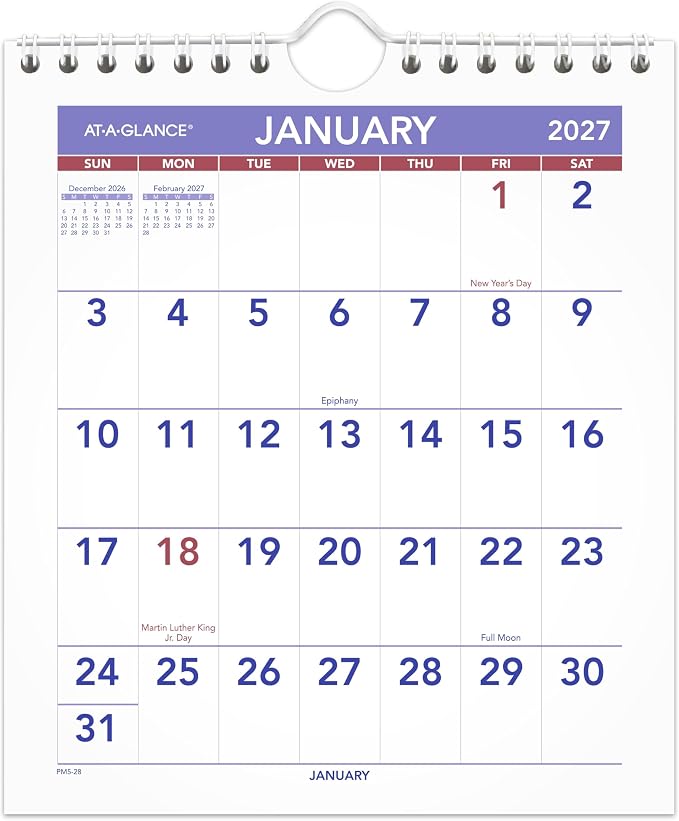 AT-A-GLANCE 2027 Wall Calendar, Monthly, 6.5" x 7.5" Planner, Unruled Daily Blocks (PM52827)