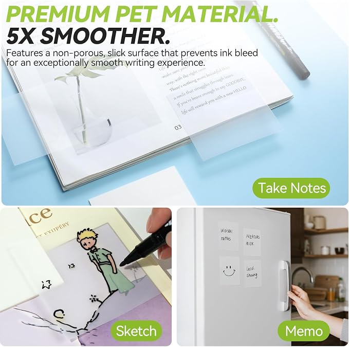 7-in-1 Transparent Sticky Notes 【400 Sheets: 7 Pads】- Tecolu 3x3 inch Clear Sticky Note with Sticky Tabs Waterproof & 5X Stickiness, See-Through Translucent Sticker for School Office Bible Supplies