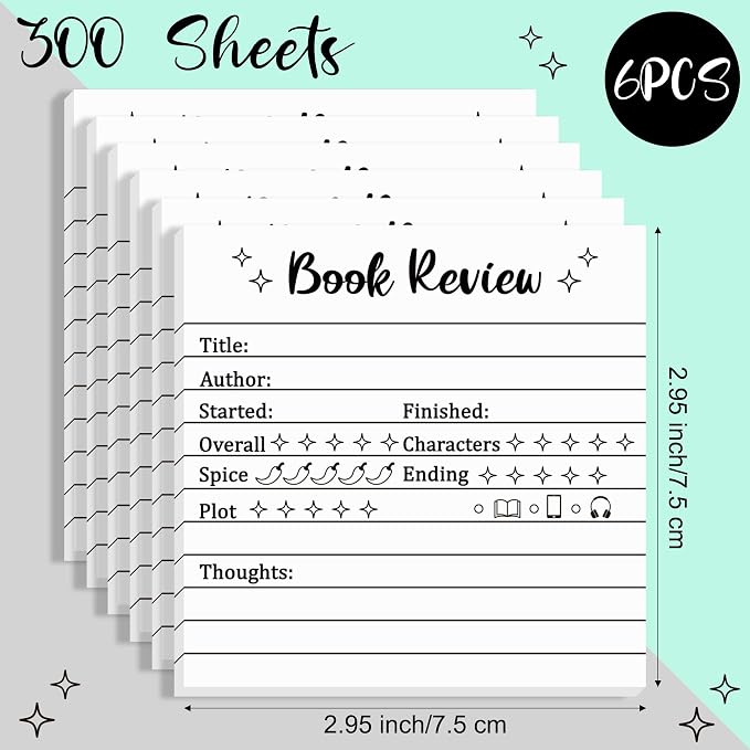 L1rabe Book Review Mini Sticky Notes - 6PCS Self-Stick Note Pads for Reader | Back to School Book Rating Stickers for Students, 300 Sheets Reading Tracker Log Stickers, Lovers Bookish Bookworm Supplies