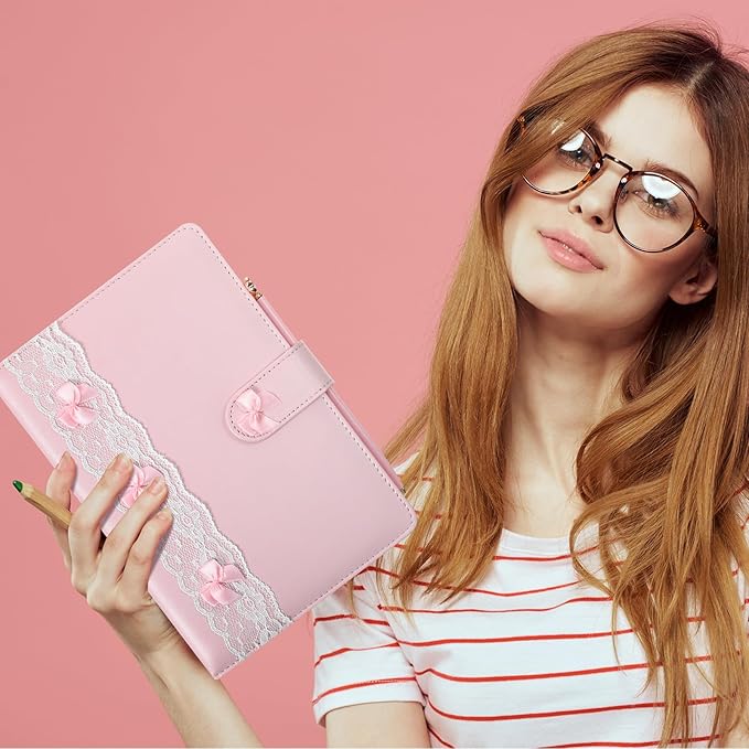 Thenshop Pink A5 Lined Leather Journal Notebook for Women, Hardcover Bow Lace Journal Set with Crystal Bow Pen and Black Gift Box, 160 Pages Thick Paper, Pink Diary for Writing Travel Business Office