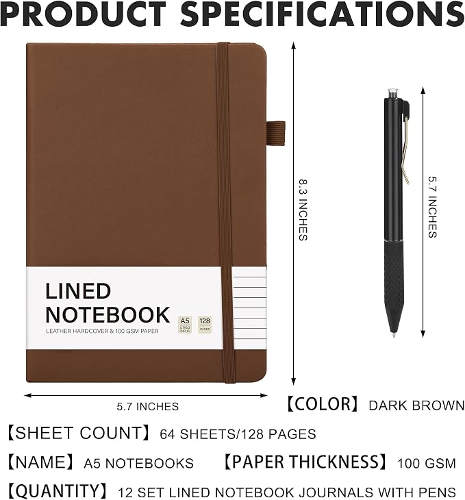 Aodaer 12 Set Lined Notebook Journals with Pens A5 Notebooks 100 GSM College Ruled Hardcover Notebook PU Leather Notepad with Pen Holder for Office School, 5.7 x 8.3 Inches, Dark Brown