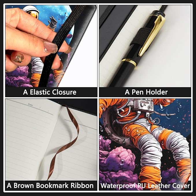 A5 Leather Lined Journal Notebook, 200 Pages Hardcover Executive Notebook for Men Women Office School Note Taking, Thick Writing Paper Daily Journal with Bookmarks/Indexes, Psychedelic Astronaut