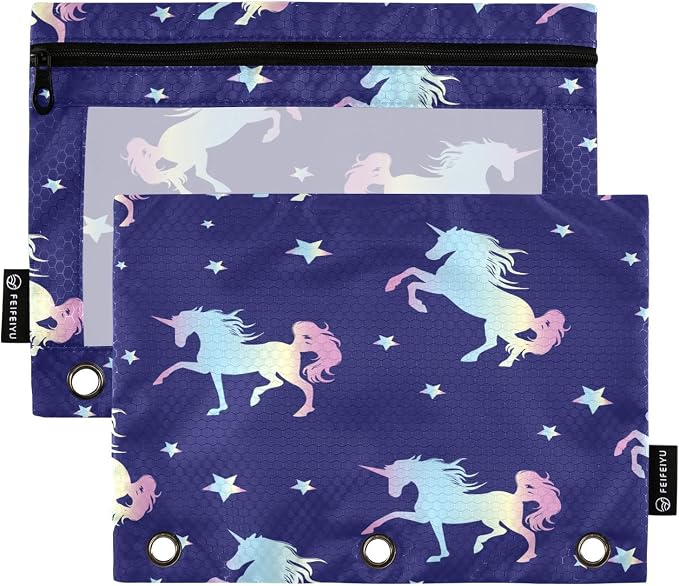 Magic Horse Pencil Pouch Fits standard 3-ring binders, Zipper Binder Pencil Bag with Clear Window for Class Office 2 Pack