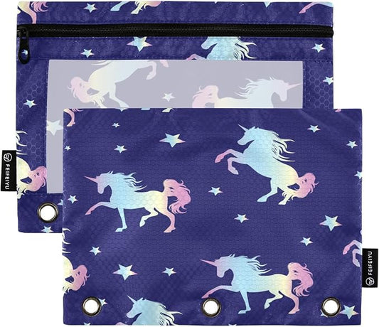 Magic Horse Pencil Pouch Fits standard 3-ring binders, Zipper Binder Pencil Bag with Clear Window for Class Office 2 Pack