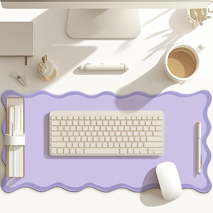 Hahafelt Scalloped Desk Mat Large Desk Pad Cute Coquette Table Mat Back to School Preppy Table Make up Pad Nonslip Graduation Gift with Stitching Waterproof Gaming(Purple,23.6 x 13.8 Inches)