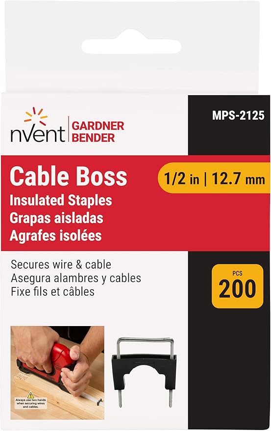 Gardner Bender MPS-2125 CableBoss Staple, ½ Inch., Secures Coax: RG-6, (NM) Non-Metalic Cable: 10/2, 12/3, CAT 5e and 16/4 Speaker Wire, 200 Pk., Black