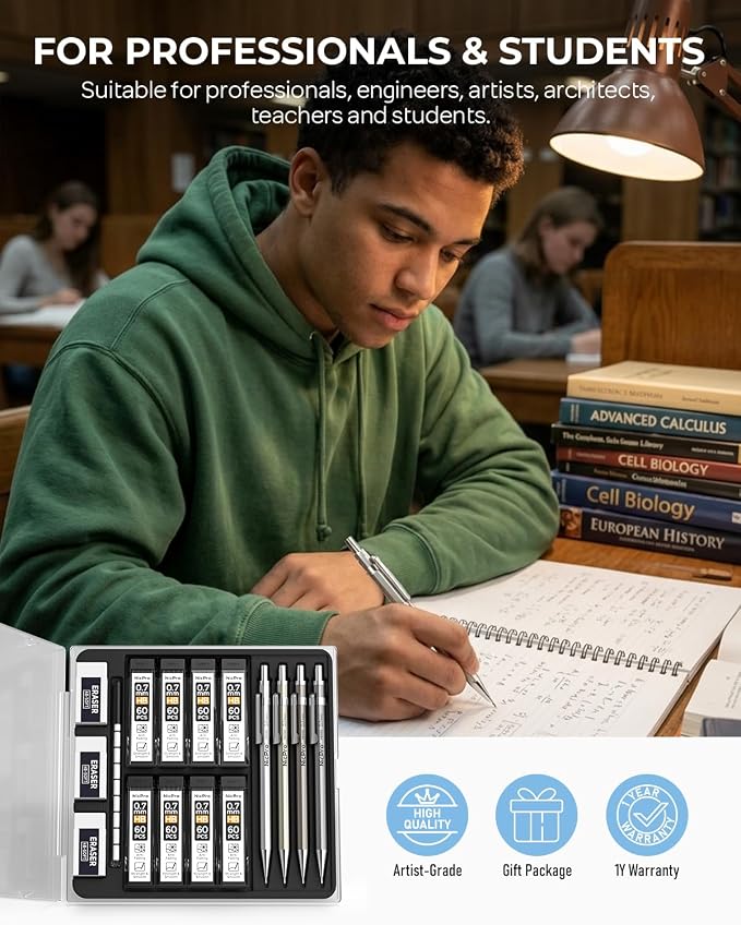 Nicpro 4 Pack Mechanical Pencil 0.7mm, MB1000 Metal Mechanical Pencil Set | 6 Tube HB #2 Lead Refill 0.7 mm, 3PCS 4B Eraser, 9 Cap Eraser, Storage Case for Artist Drafting Writing, Sketching, Drawing