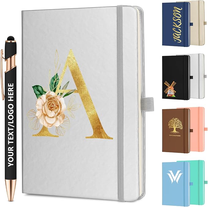 ENOMY Personalized Notebook Journal & 10 PC Pens Gift Set Custom Notebook A5 200 Pages A5 Lined Journal for Men Women Hardcover Notebooks for Work College Graduation Gifts, Silver