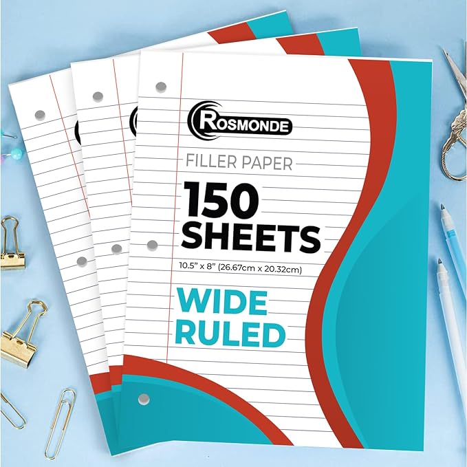 Rosmonde 1152 Pack Loose Leaf Paper Bulk, 172800 Sheets, Wide Ruled Bulk | Pallet of Filler Paper, 150 Sheets/Pack, 8 x 10.5", Bulk Notebook Paper, 3 Hole Punched, School & Office, 4-7 Days Transit