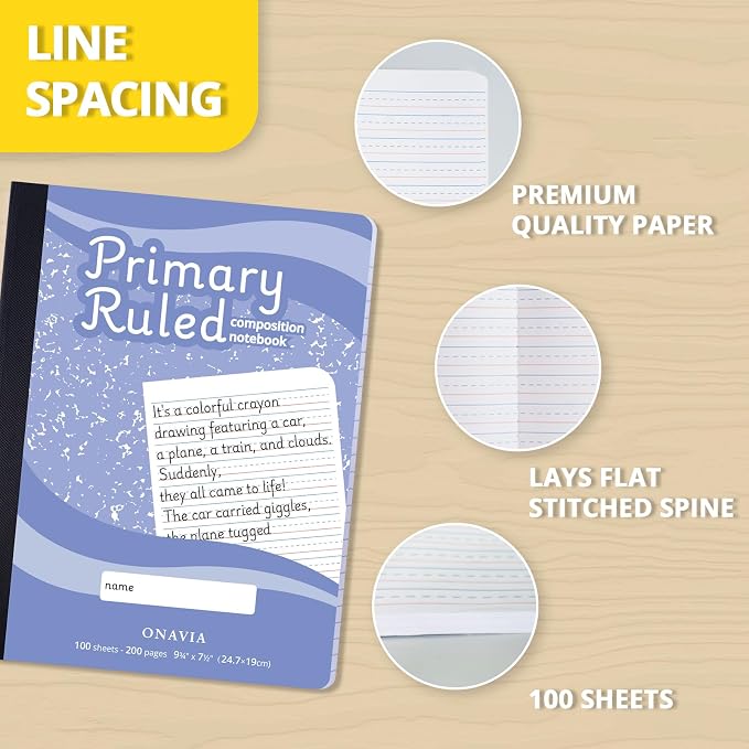 ONAVIA Primary Composition Notebook K-2, Drawing Space, 200 Pages | 100 Sheets, 9.75 x 7.5 in, Draw and Write Primary Composition book, Kindergarten Writing Journal