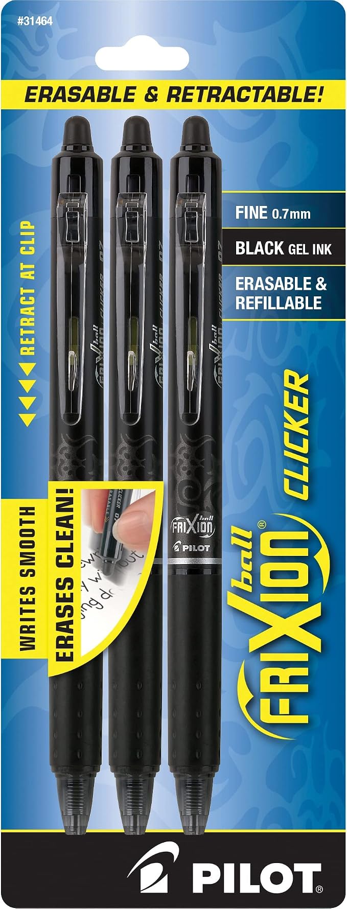 PILOT FriXion Clicker Erasable Pens, Refillable & Retractable Gel Ink Pens, Fine Point 0.7 mm, Black Ink, 3-Pack - Ideal for School, Journaling, & Office Writing