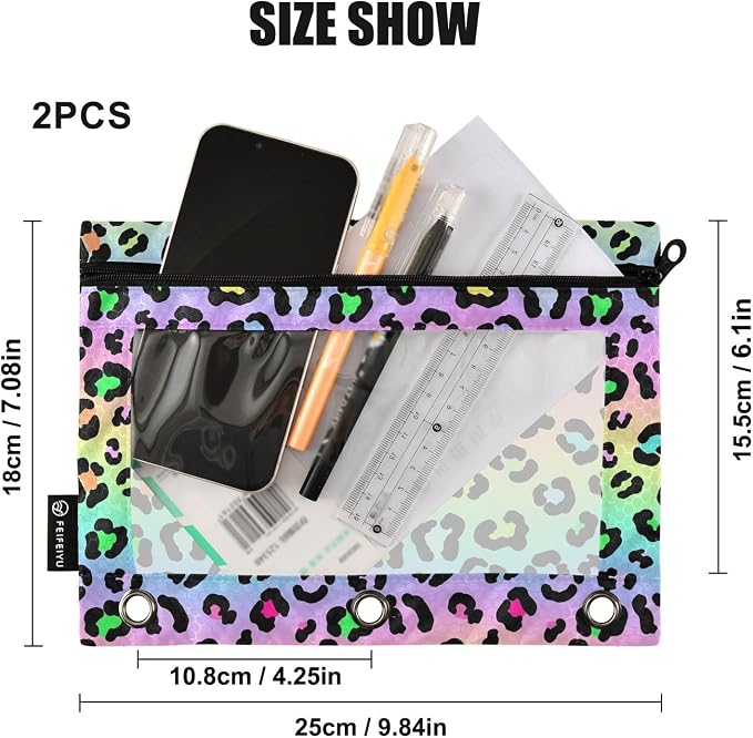 Gredecor Binder Pencil Pouch 3 Ring Neon Gradient Leopard Spots Zipper Pencil Pouches Case 2 Pack Clear Binder Organizer for School Office
