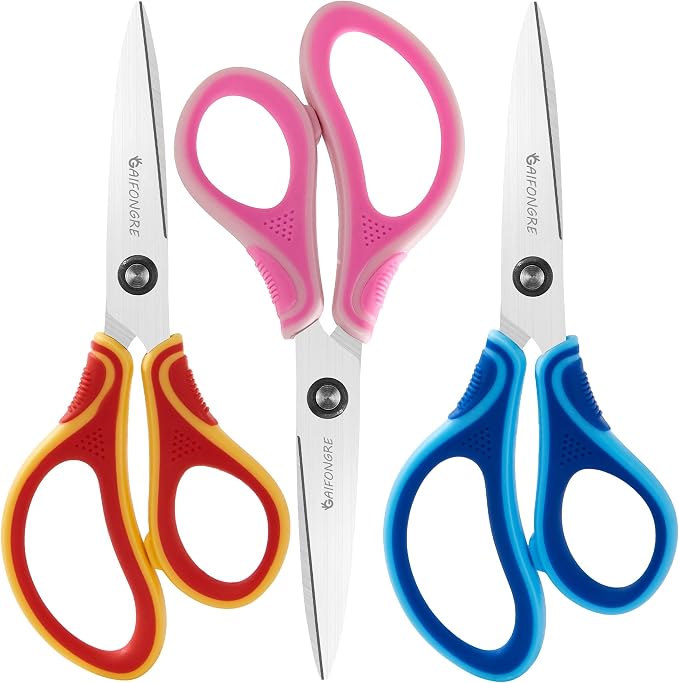7" Student Scissors Set of 3-pack,Pointed Tip Blades,Kids Scissors Ages 8-10 8-12 8-16 for School Crafting Project,Great for DIY, Arts, Home, Red/Pink/Blue