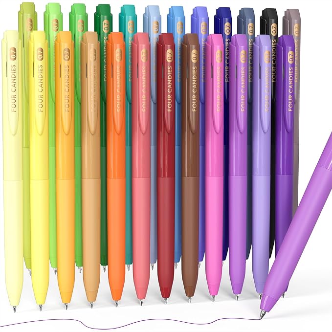 Four Candies Quick Dry Ink Colorful Pens Set, 24 Colors | 0.7mm Fine Point Colored Pens for Note Taking & Drawing, Colored Gel Pens with Comfort Grip for Office & School Supplies