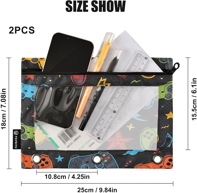 Gredecor Binder Pencil Pouch 3 Ring Video Game Lightning Zipper Pencil Pouches Case 2 Pack Clear Binder Organizer for School Office