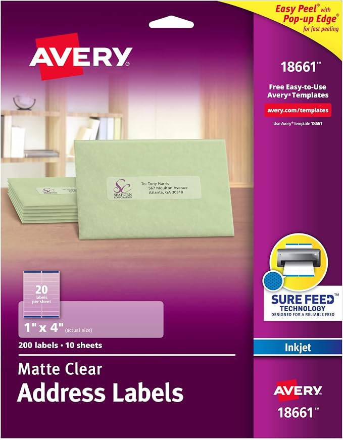 Avery Printable Address Labels, Sure Feed Technology, 1" x 4", Matte Clear, 200 Blank Mailing Labels (18661)