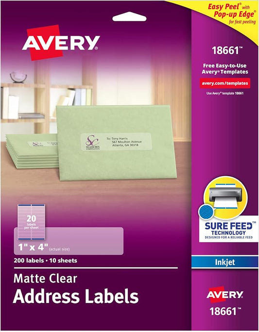 Avery Printable Address Labels, Sure Feed Technology, 1" x 4", Matte Clear, 200 Blank Mailing Labels (18661)