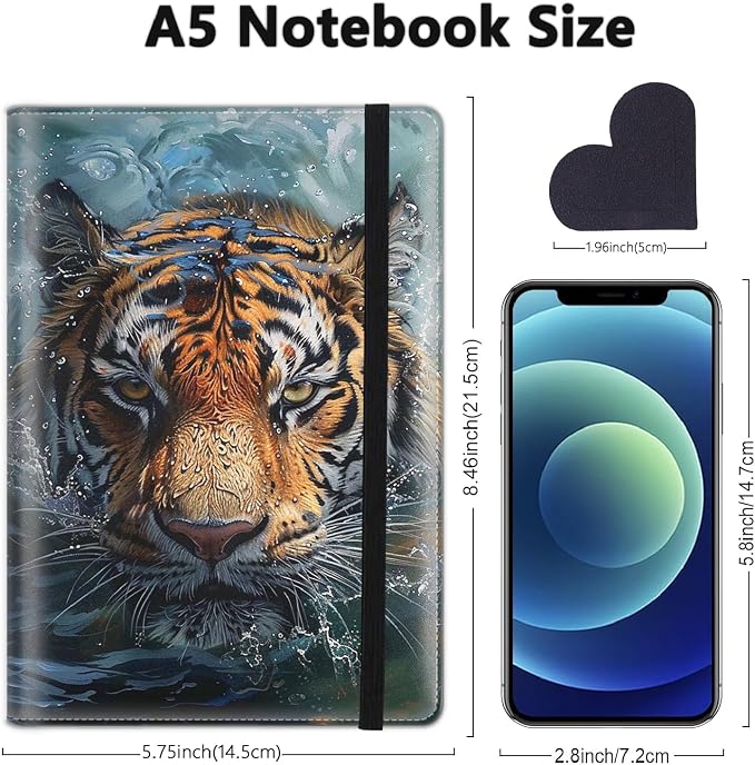 A5 Leather Lined Journal Notebook, 200 Pages Hardcover Executive Notebook for Men Women Office School Note Taking, Thick Writing Paper Daily Journal with Bookmarks/Indexes, Tiger