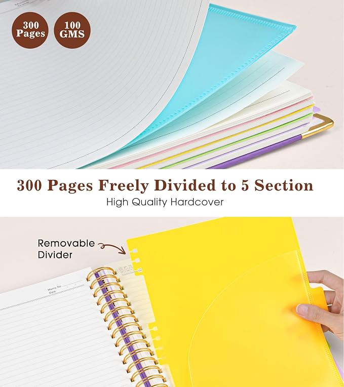 Hardcover Spiral Notebook with Removable Dividers Tabs, 300 pages Leather 5 Subject Notebook College Ruled, 6.2" x 8.2" Journal for Women Men, Small Notebooks for Work School Note taking,A5 Purple