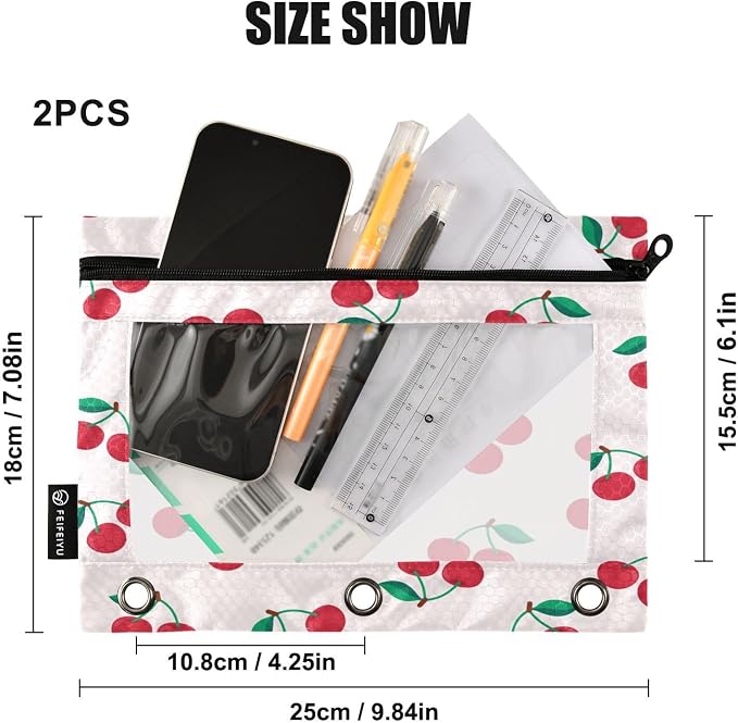 Cherry Pencil Pouch Fits standard 3-ring binders, Zipper Binder Pencil Bag with Clear Window for Office 2 Pack