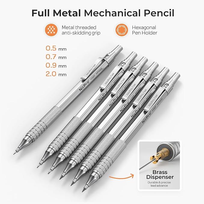 Nicpro 20PCS Metal Mechanical Pencil Set in Leather Case, Art Drafting Pencil 0.3, 0.5, 0.7, 0.9 mm & 2mm Lead Holders, 9 Tube (4B 2B HB 2H Colors) Lead Refills, Erasers For Sketching Drawing