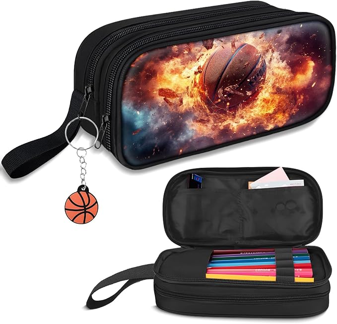 TILYTADLY Large Pencil Case for Boys - Basketball Boys Pencil Pouch with Zipper Compartments - Big Capacity Pen Box Pen Bag Organizer with Keychain for Kids Teens School